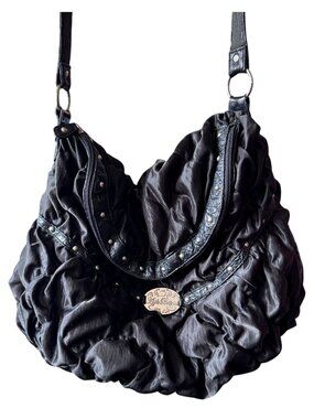 Apple Bottoms Black Ruffled Hobo Bag Y2K Vintage Satin Shoulder Studded